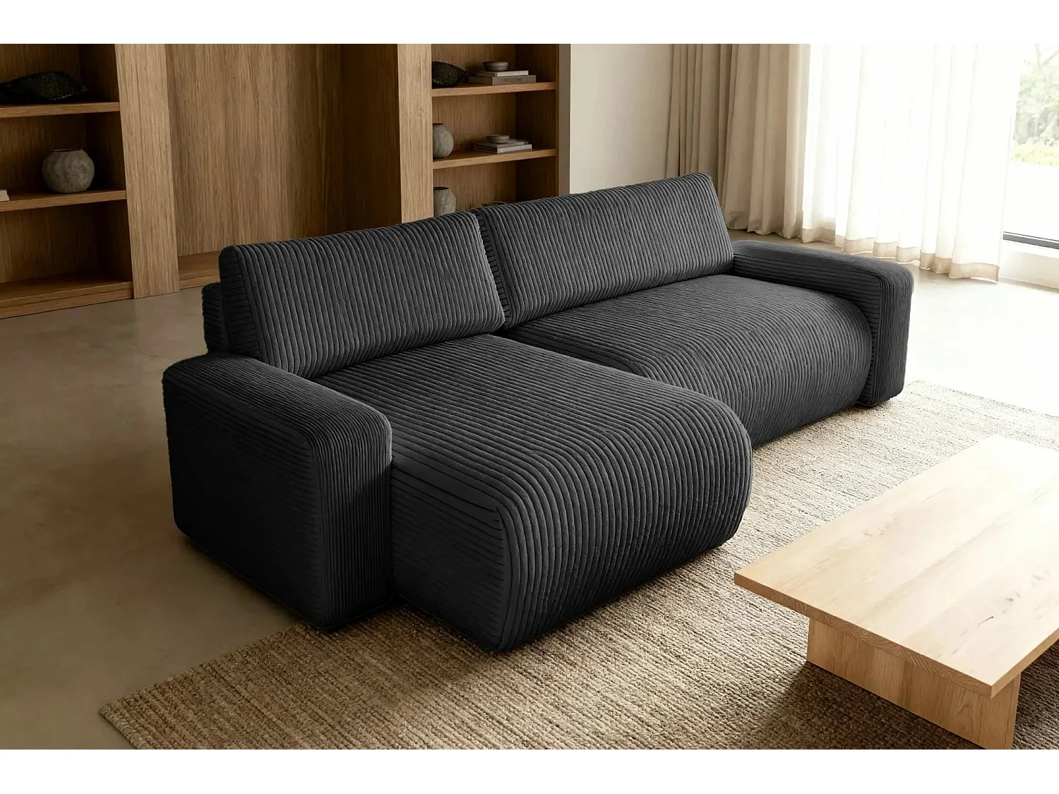 LUCIE - Canapé d'angle velours cotelé 4 places - Noir