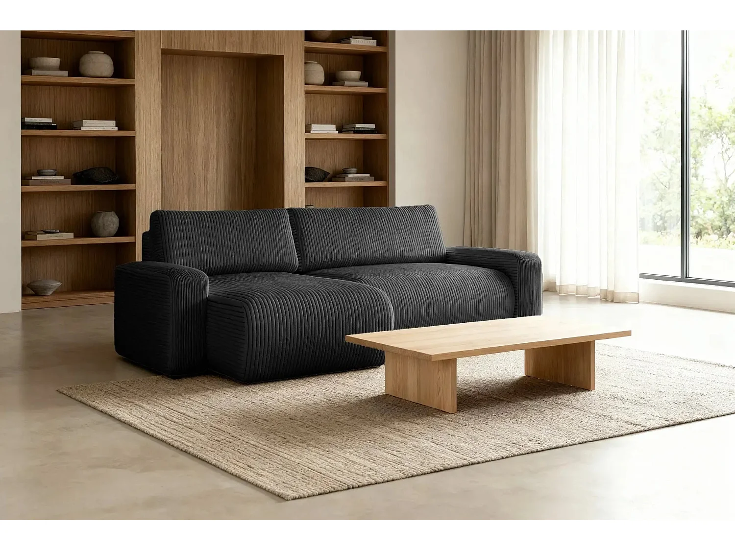 LUCIE - Canapé d'angle velours cotelé 4 places - Noir