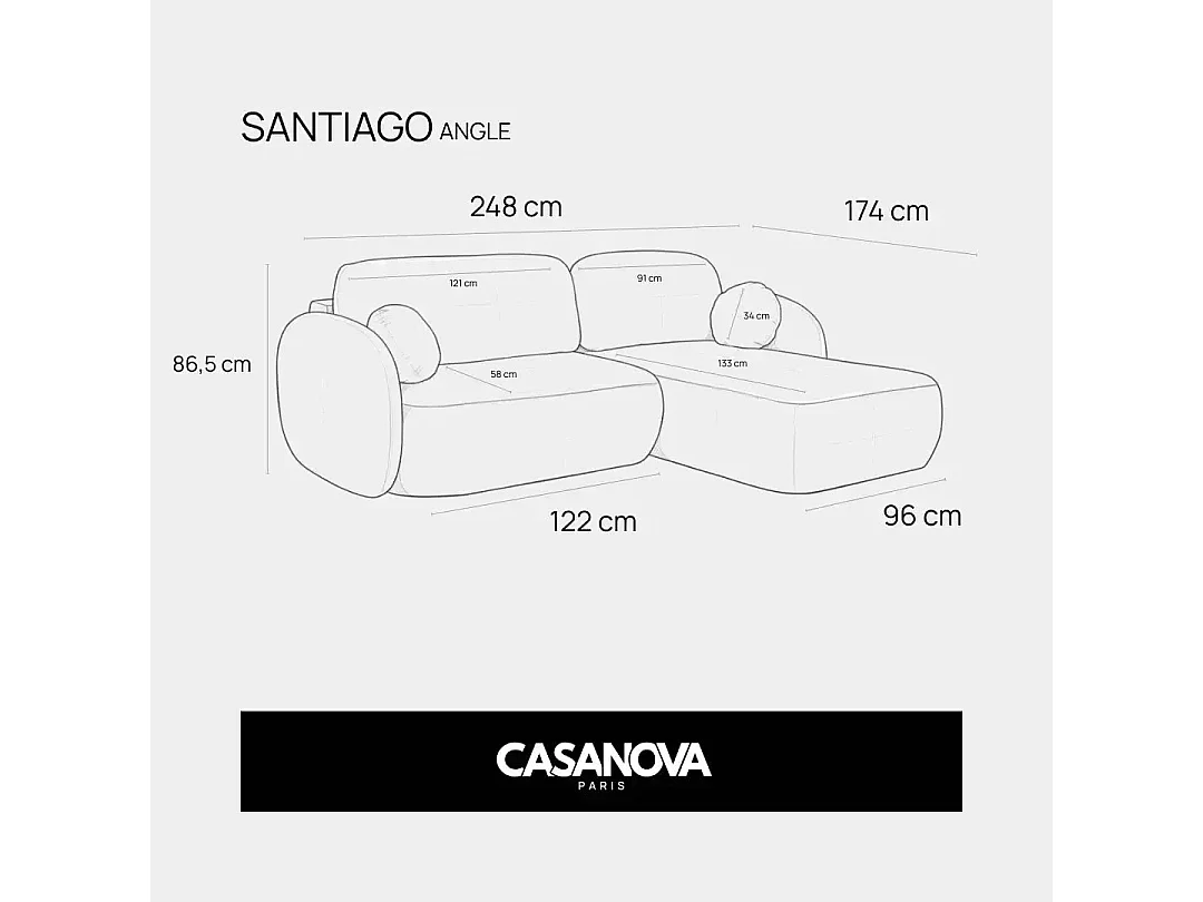 SANTIAGO - Canapé d'angle tissu bouclette - Beige - Droit