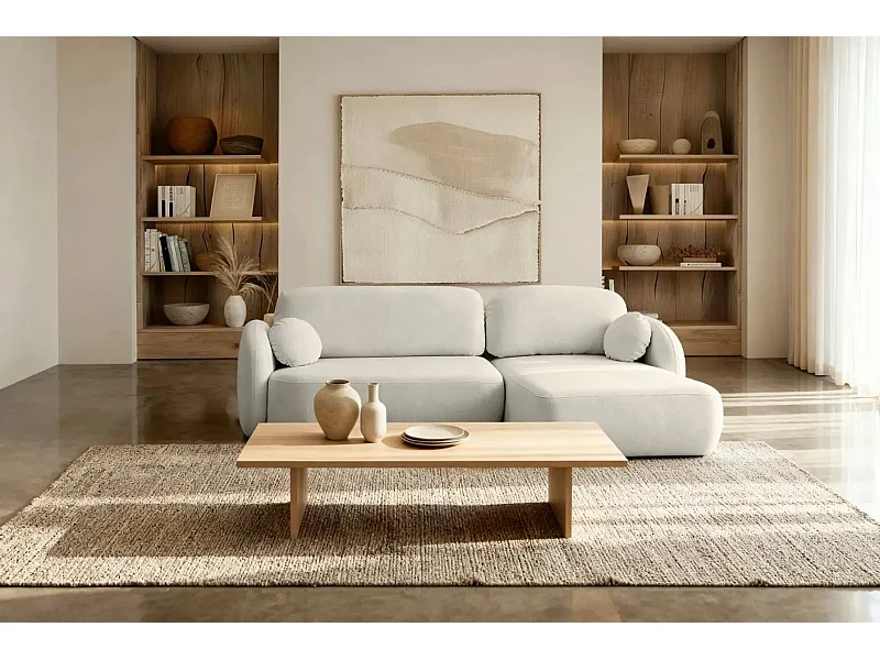 SANTIAGO - Canapé d'angle tissu bouclette 4 places - Beige - Droit