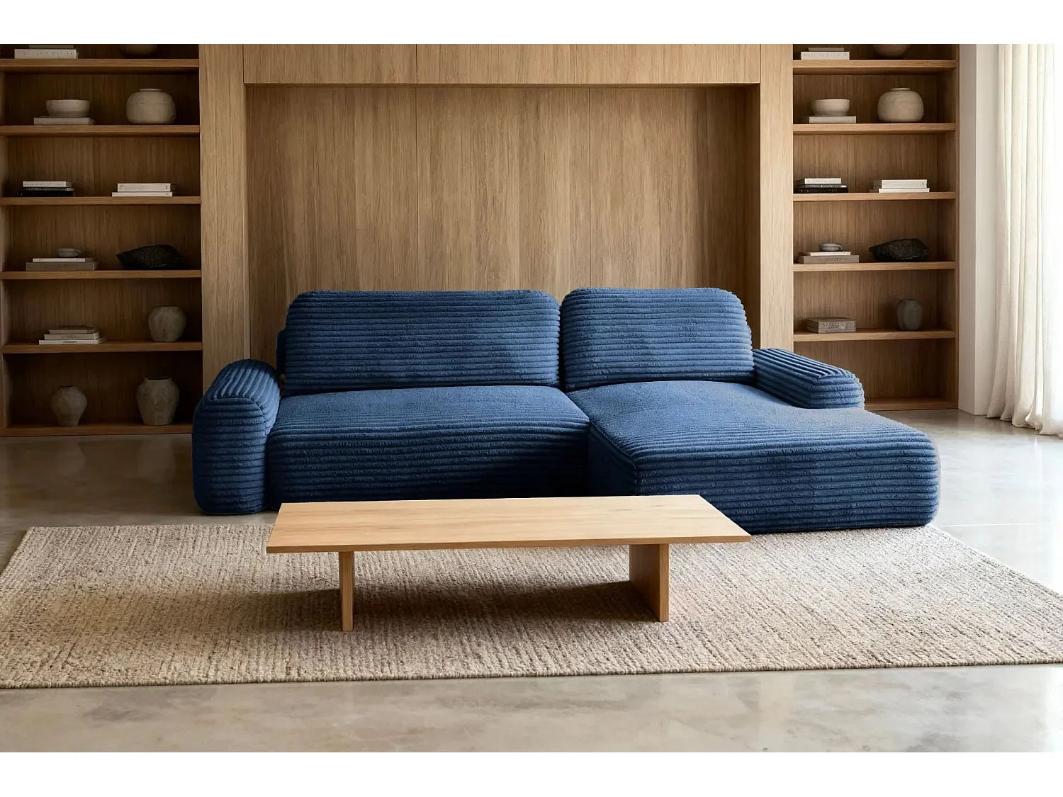 OLYMPE - Canapé d'angle velours cotelé 4 places - Bleu - Droit