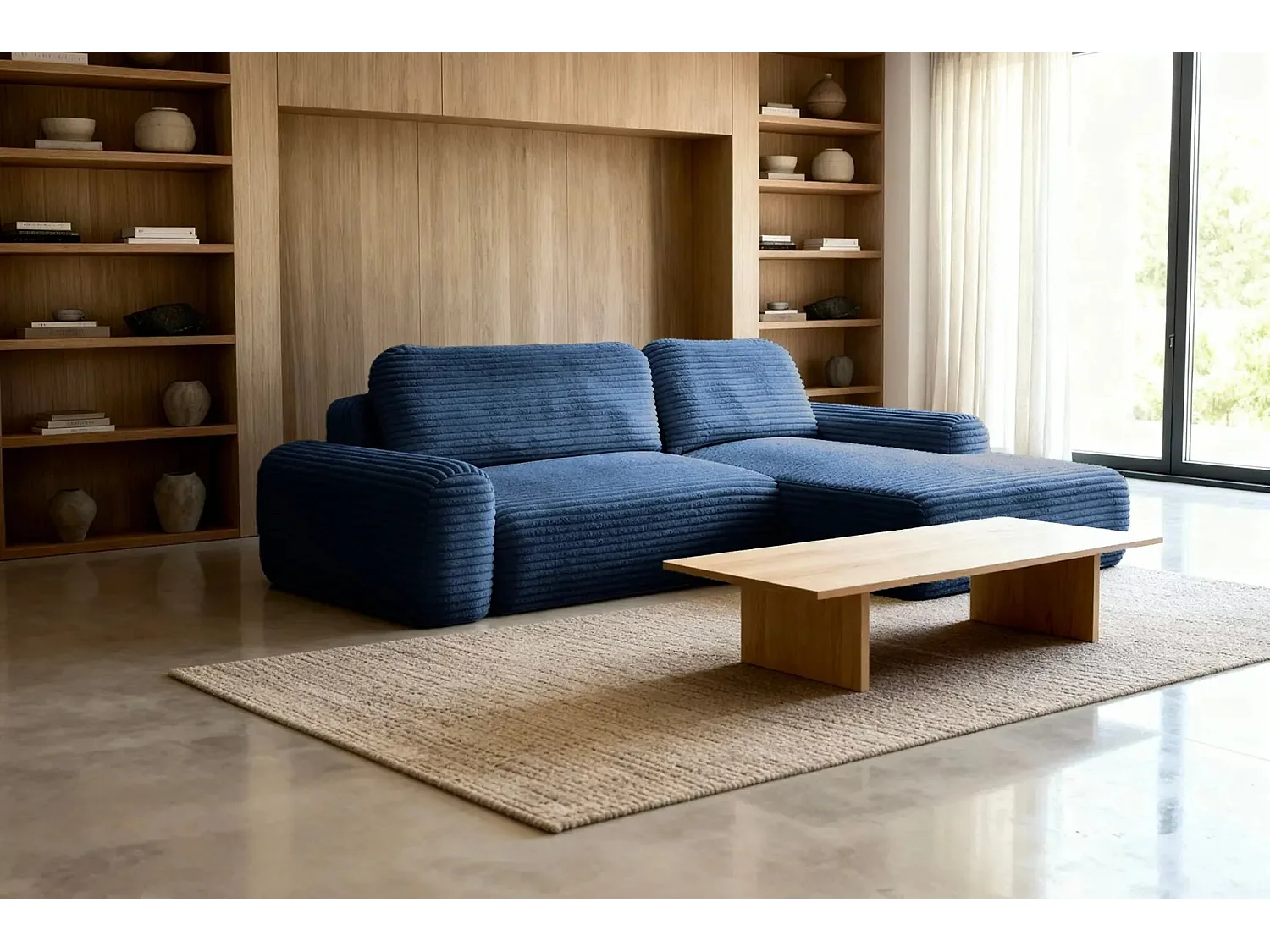 OLYMPE - Canapé d'angle velours cotelé 4 places - Bleu - Droit