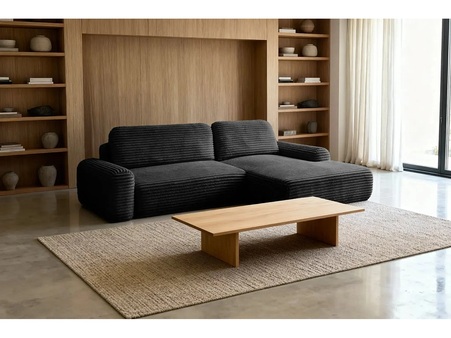 OLYMPE - Canapé d'angle velours cotelé 4 places - Noir - Droit