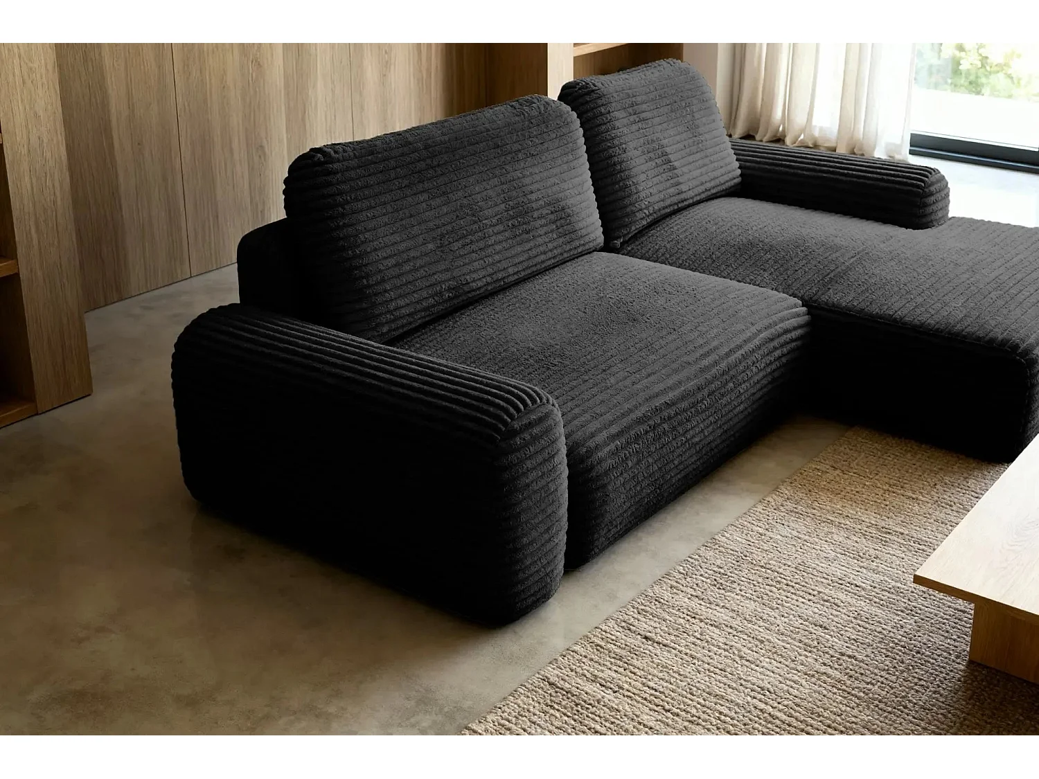 OLYMPE - Canapé d'angle velours cotelé 4 places - Noir - Droit