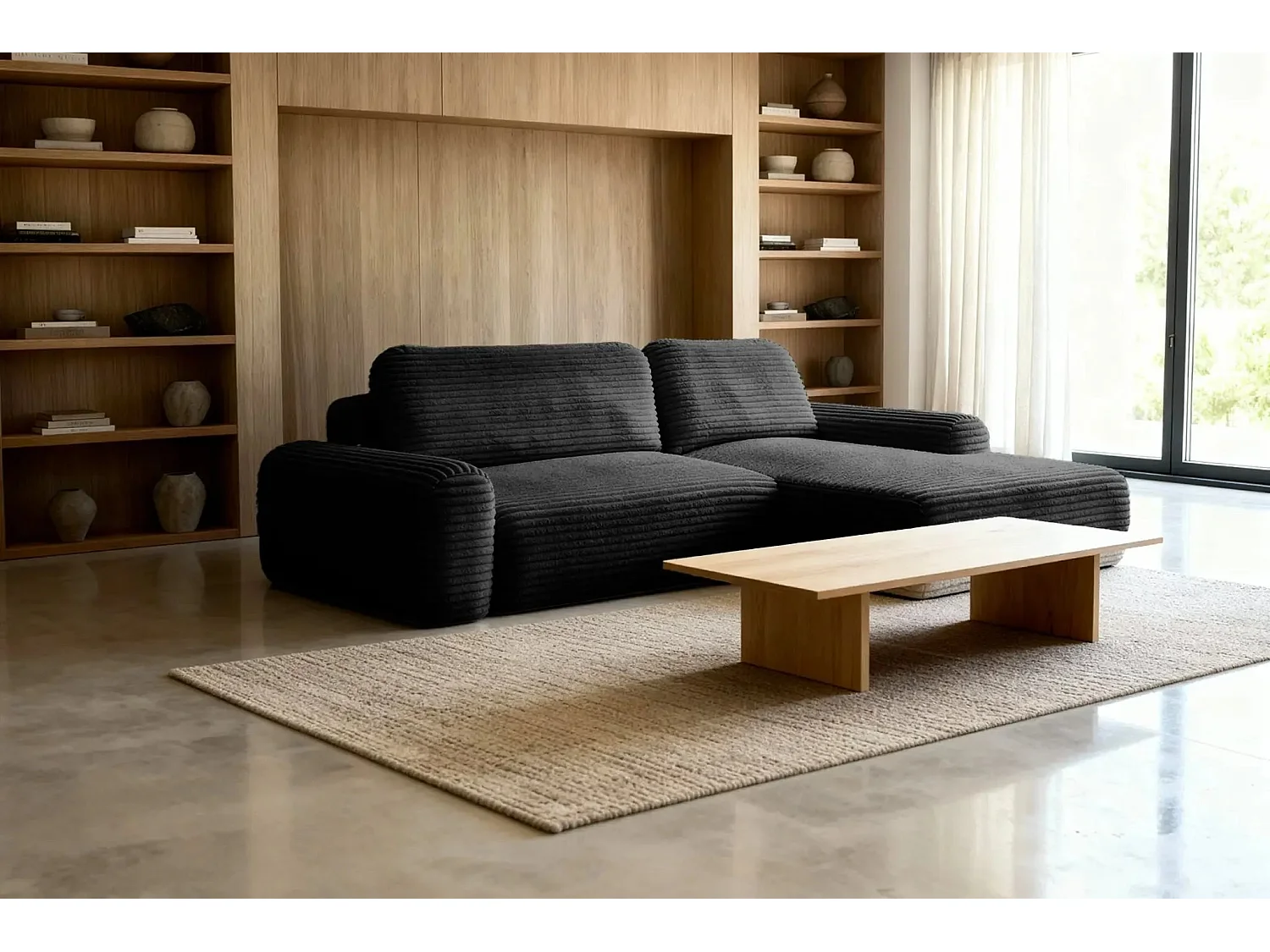 OLYMPE - Canapé d'angle velours cotelé 4 places - Noir - Droit