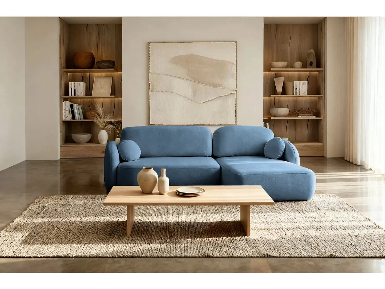 SANTIAGO - Canapé d'angle tissu bouclette - Bleu - Droit