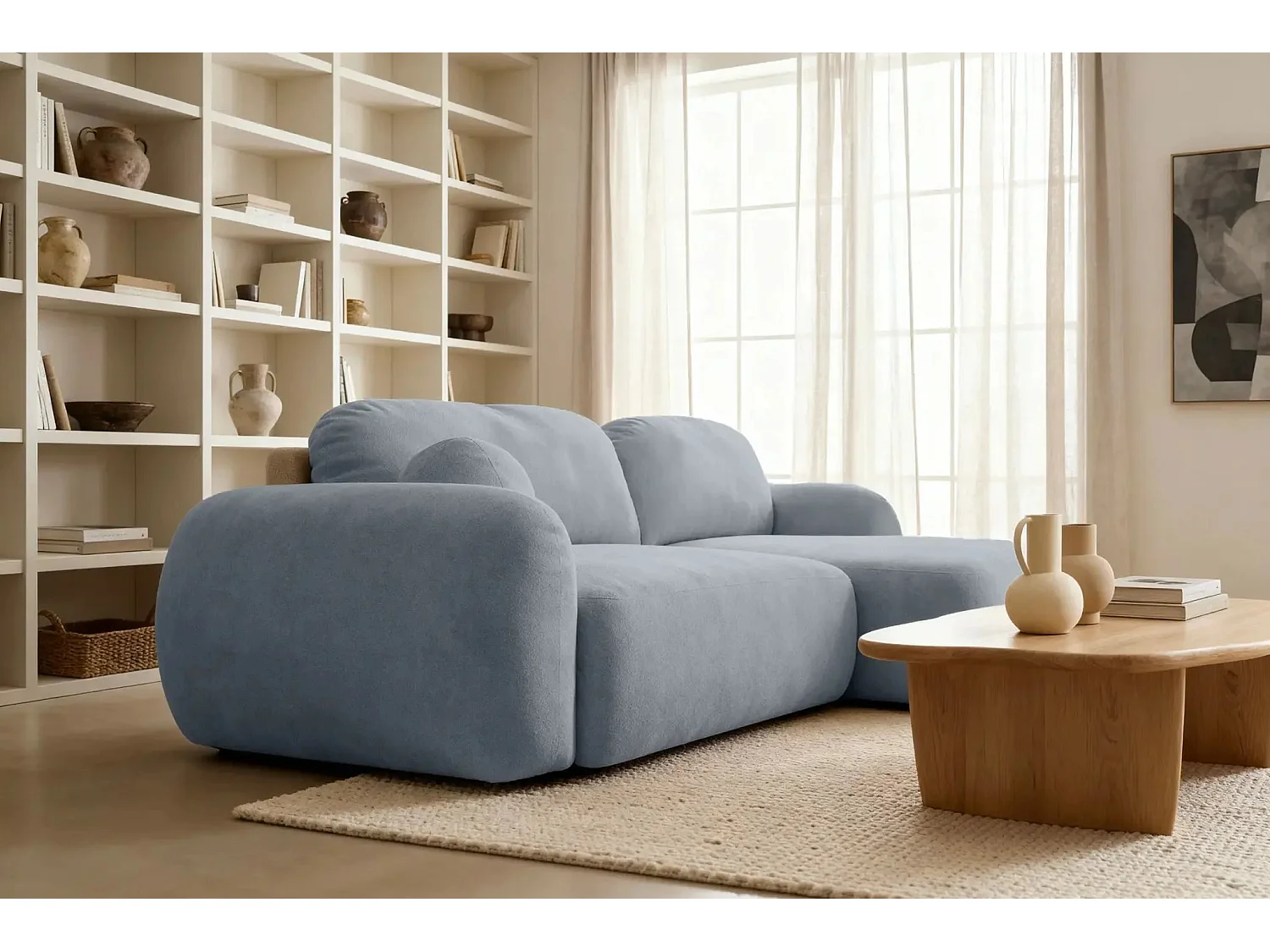 MARTIN - Canapé d'angle 3 places  tissu chenille - Bleu - Droit