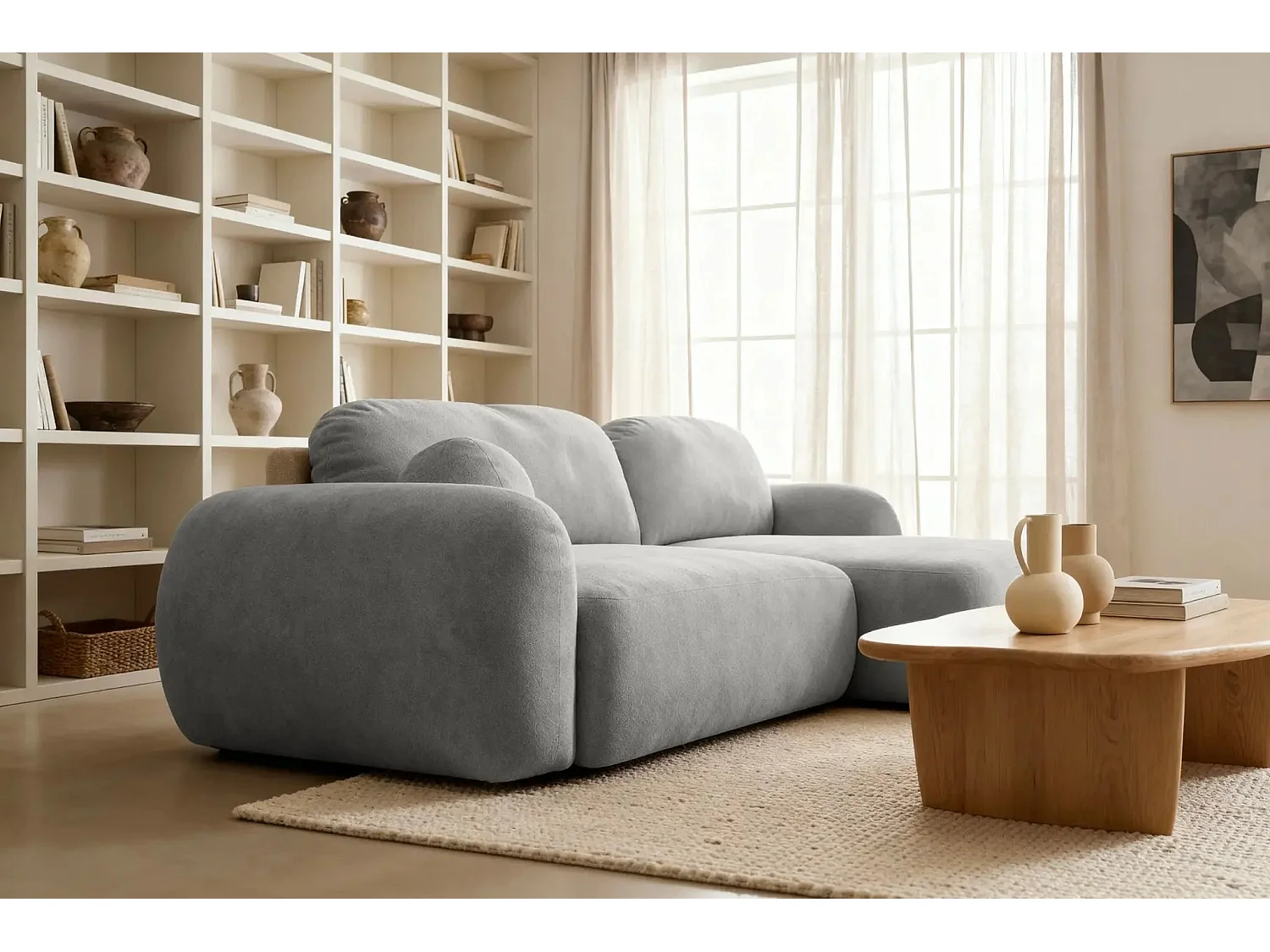 MARTIN - Canapé d'angle 3 places  tissu chenille - Gris Clair - Droit