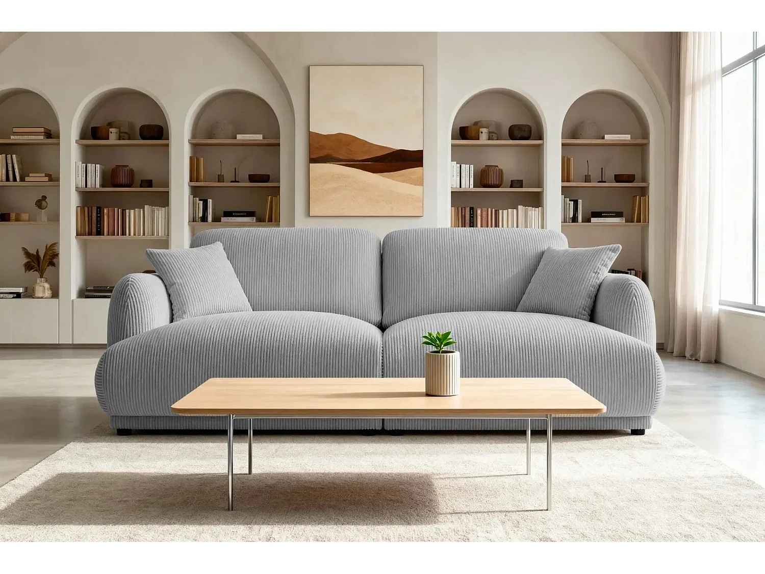 ROSALIE - Canapé droit 2 places velours cotelé - Gris Clair