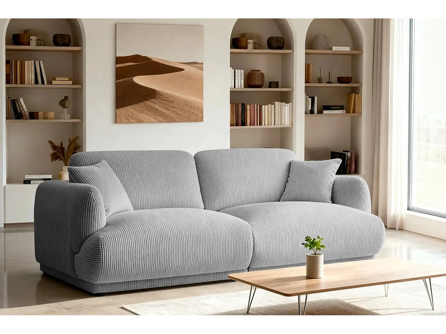 ROSALIE - Canapé droit 2 places velours cotelé - Gris Clair