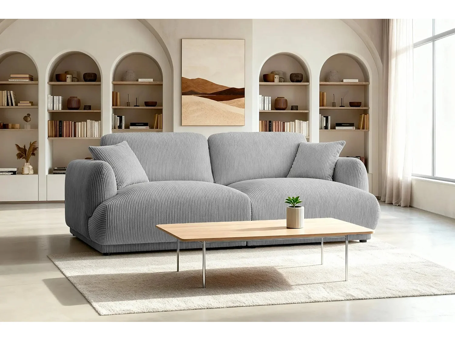 ROSALIE - Canapé droit 2 places velours cotelé 2 places - Gris Clair