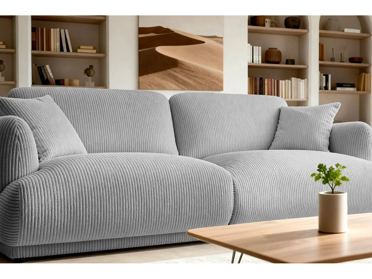 ROSALIE - Canapé droit 2 places velours cotelé 2 places - Gris Clair