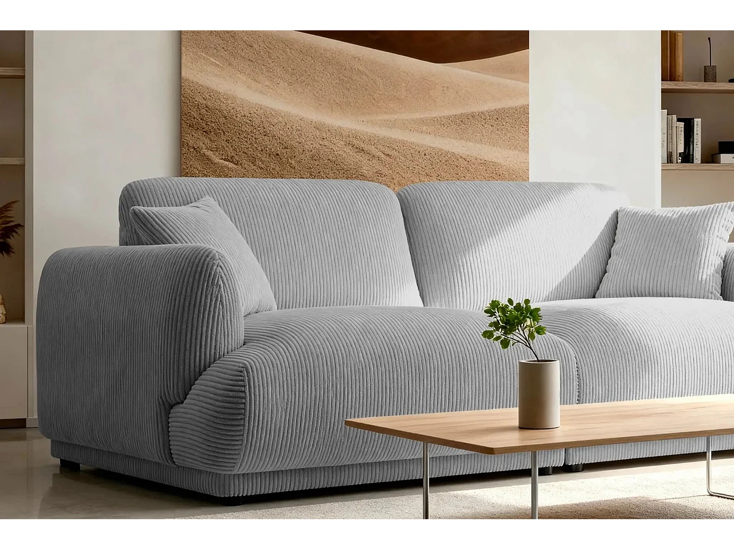 ROSALIE - Canapé droit 2 places velours cotelé 2 places - Gris Clair