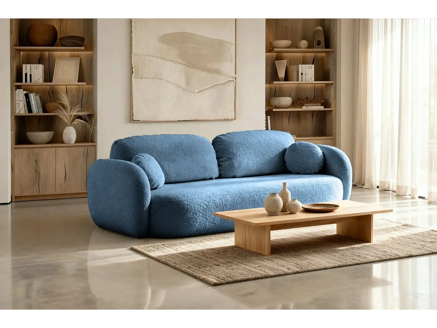 SANTIAGO - Canapé droit tissu bouclette 3 places - Bleu