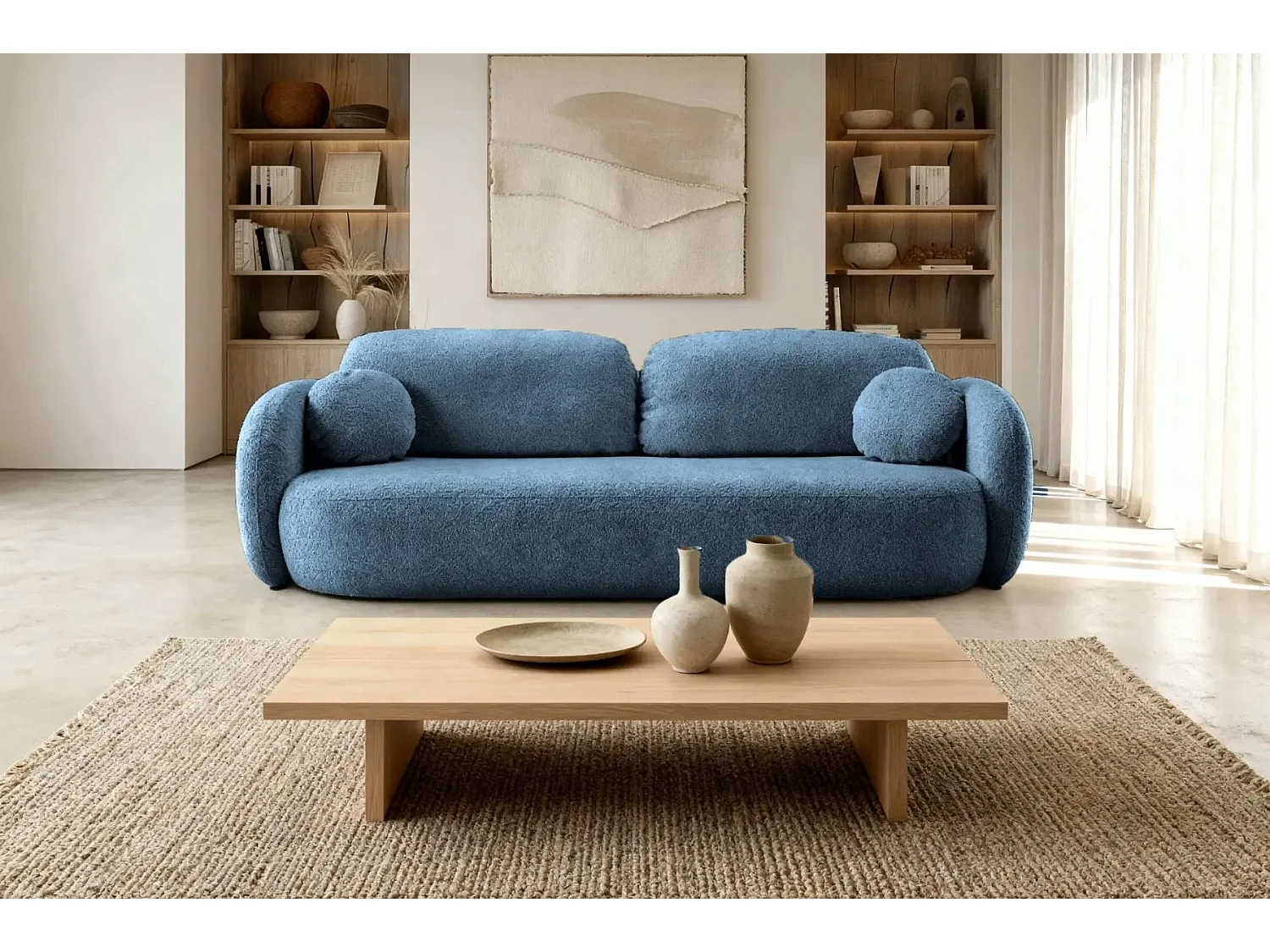 SANTIAGO - Canapé droit tissu bouclette 3 places - Bleu