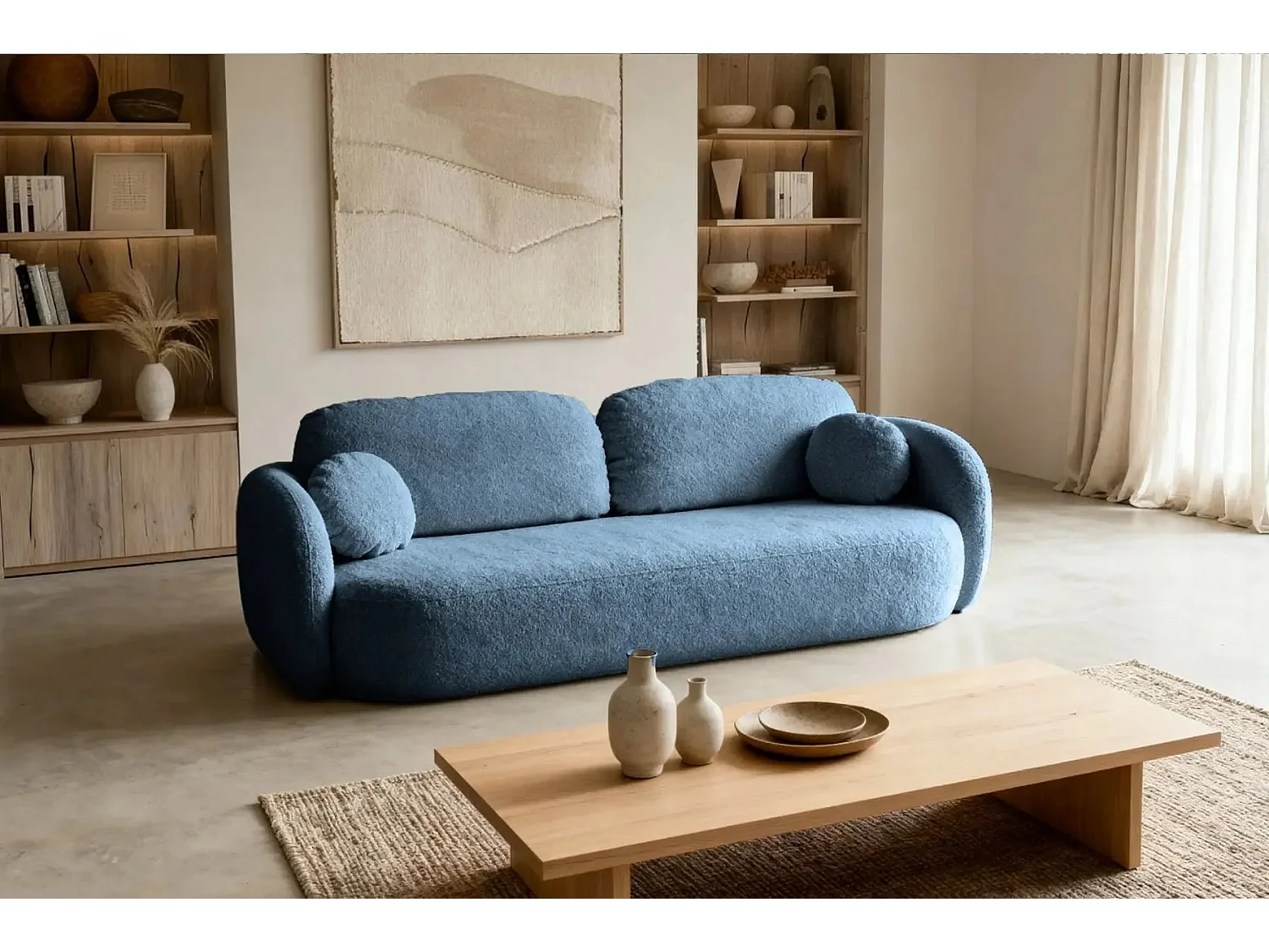 SANTIAGO - Canapé droit tissu bouclette 3 places - Bleu