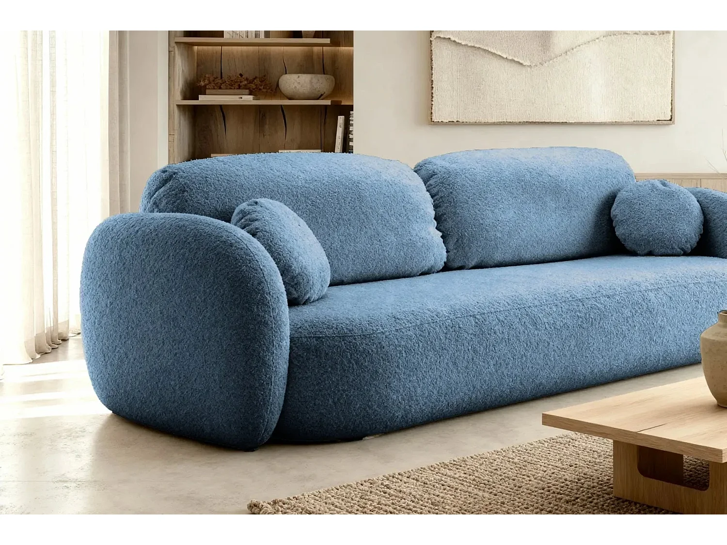 SANTIAGO - Canapé droit tissu bouclette 3 places - Bleu