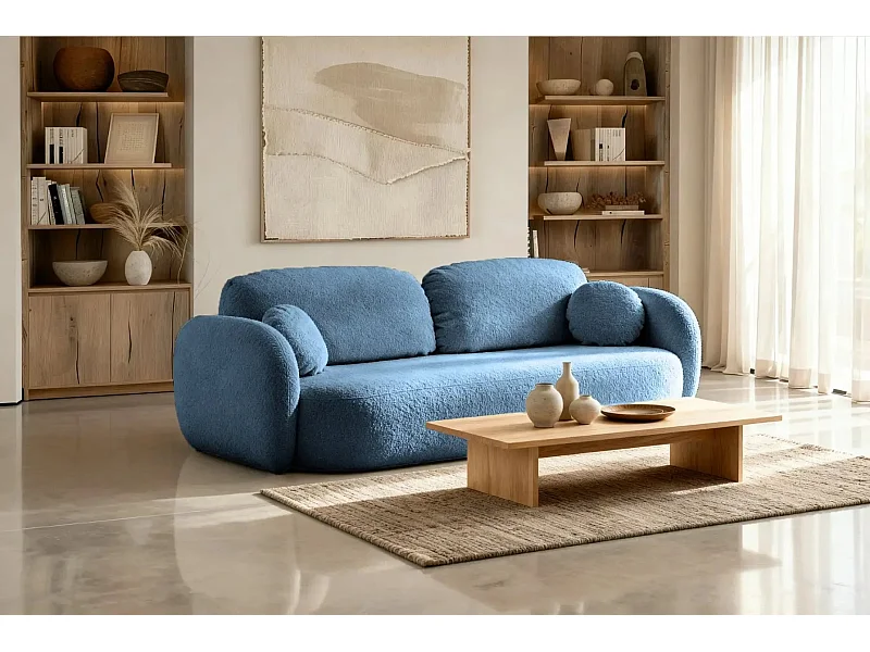 SANTIAGO - Canapé droit tissu bouclette 3 places - Bleu