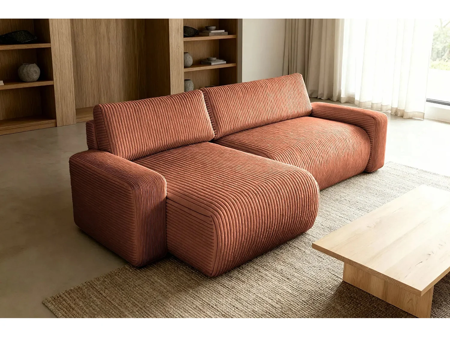 LUCIE - Canapé d'angle velours cotelé 4 places - Terracotta