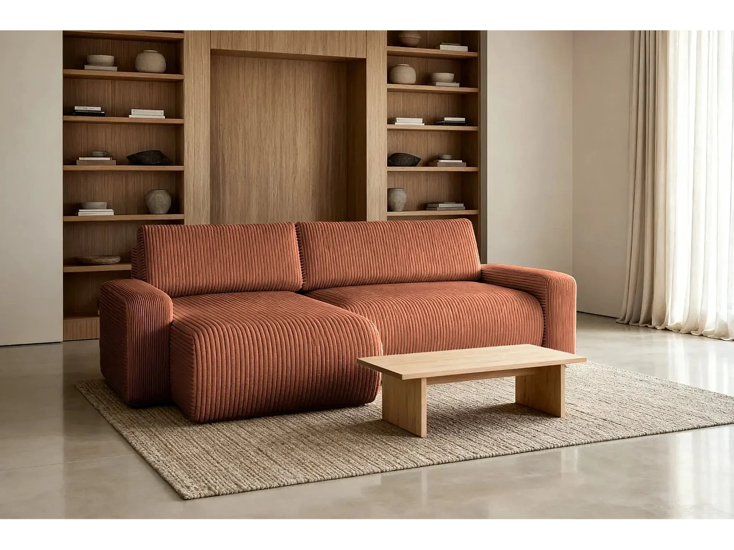 LUCIE - Canapé d'angle velours cotelé 4 places - Terracotta