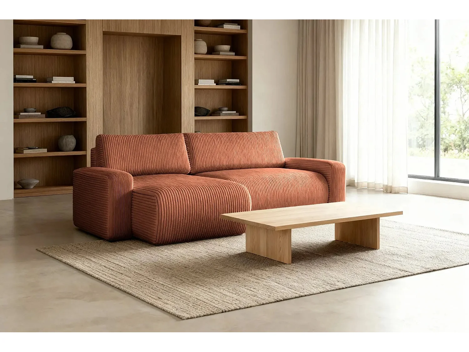 LUCIE - Canapé d'angle velours cotelé 4 places - Terracotta