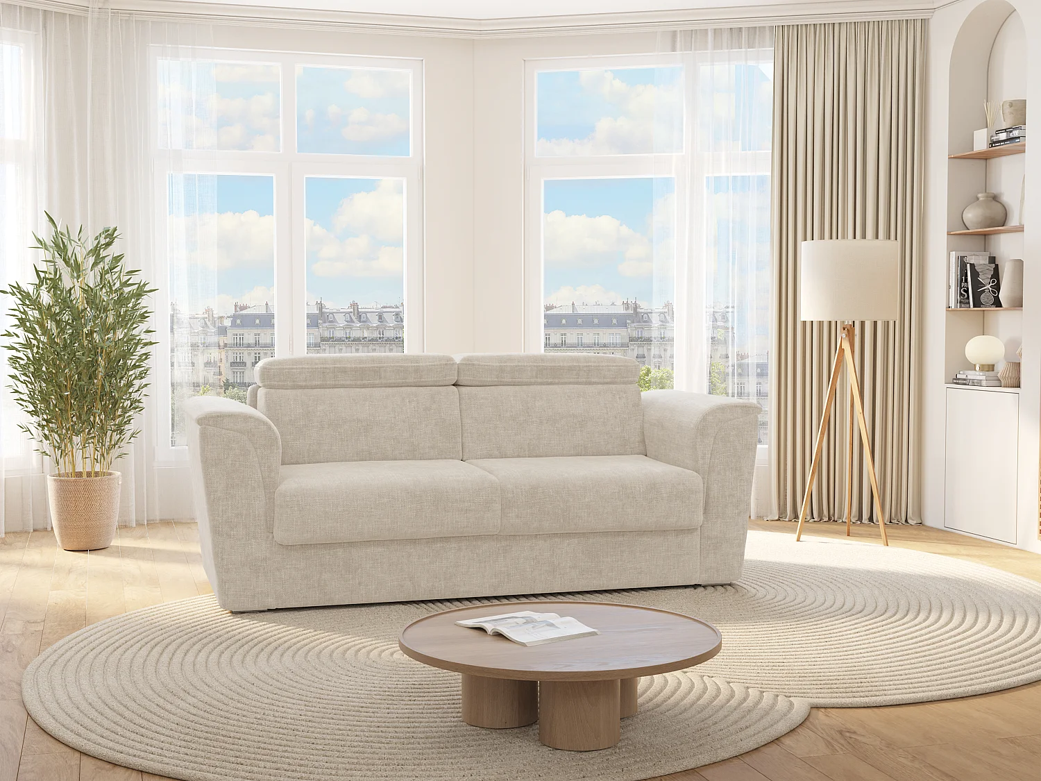 Canapé 3 places convertible express en tissu texturé beige - Couchage 140 cm - Matelas 14 cm - RIZORA