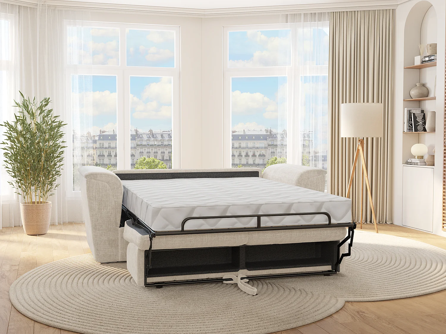 Canapé 3 places convertible express en tissu texturé beige - Couchage 140 cm - Matelas 22 cm avec mémoire de forme - RIZORA