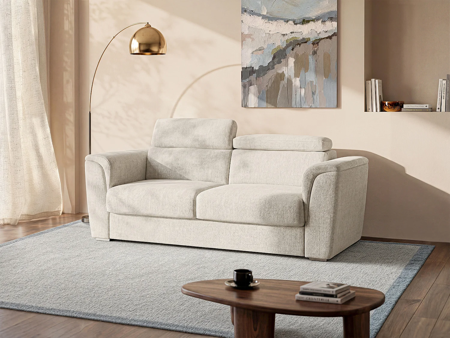 Schlafsofa mit Matratze 3-Sitzer - Strukturstoff - Beige - Liegefläche 140 cm - Matratze 22 cm mit Memory-Schaum - RIZORA