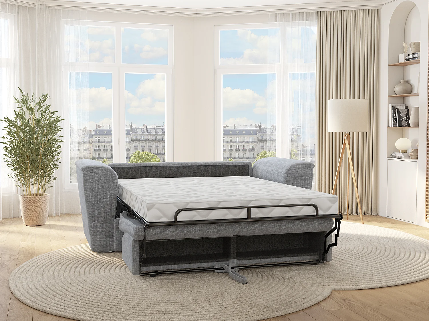 Canapé 3 places convertible express en tissu texturé gris - Couchage à lattes larges 140 cm - Matelas 18 cm - RIZORA