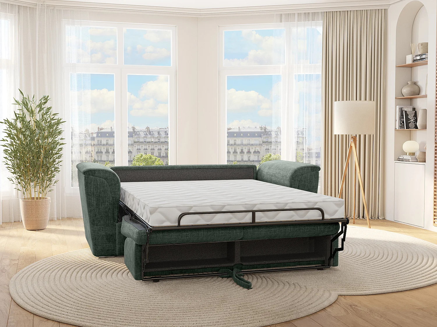 Canapé 3 places convertible express en tissu texturé vert - Couchage 140 cm - Matelas 18 cm - RIZORA