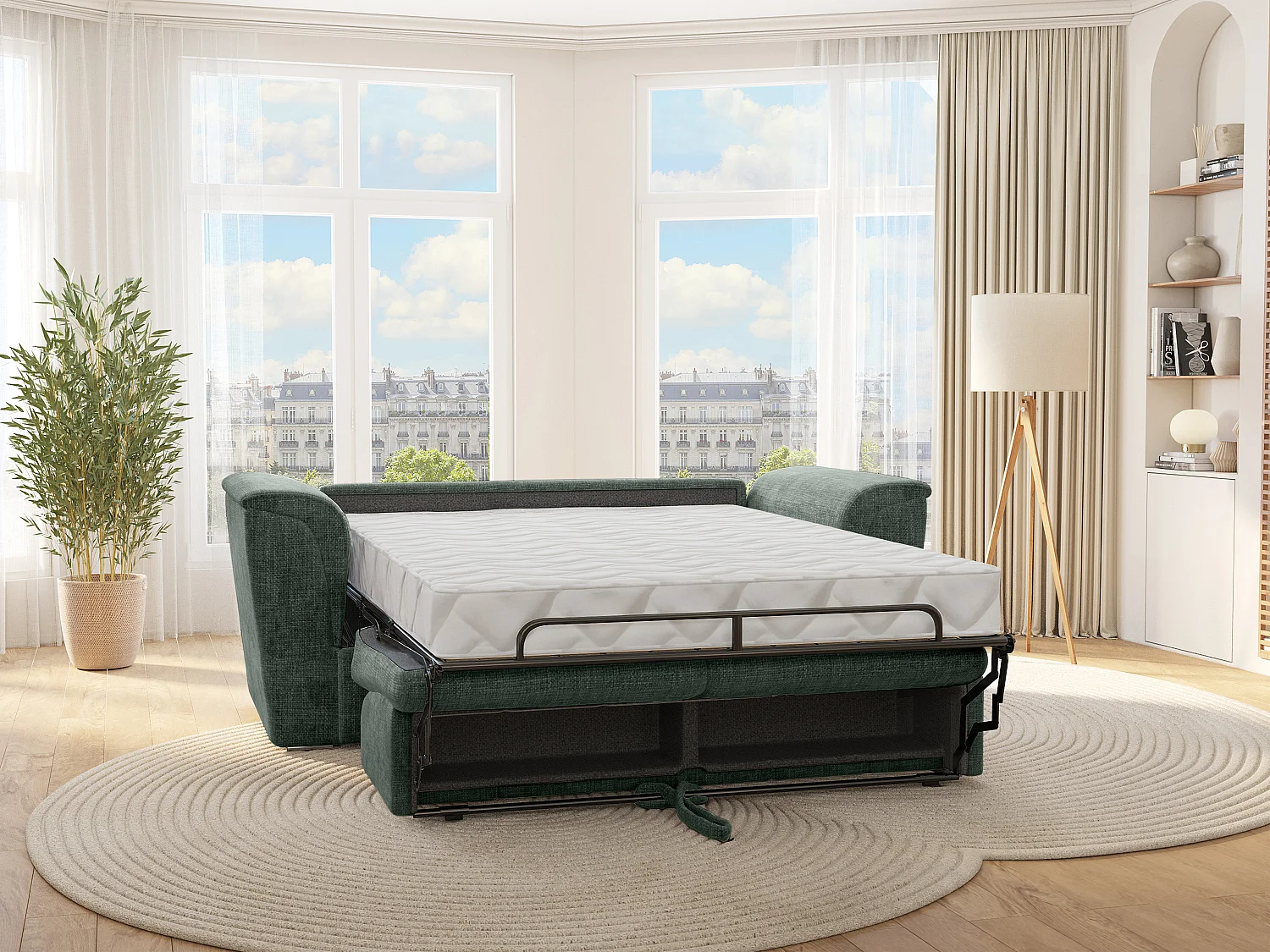 Canapé 3 places convertible express en tissu texturé vert - Couchage 140 cm - Matelas 22 cm avec mémoire de forme - RIZORA