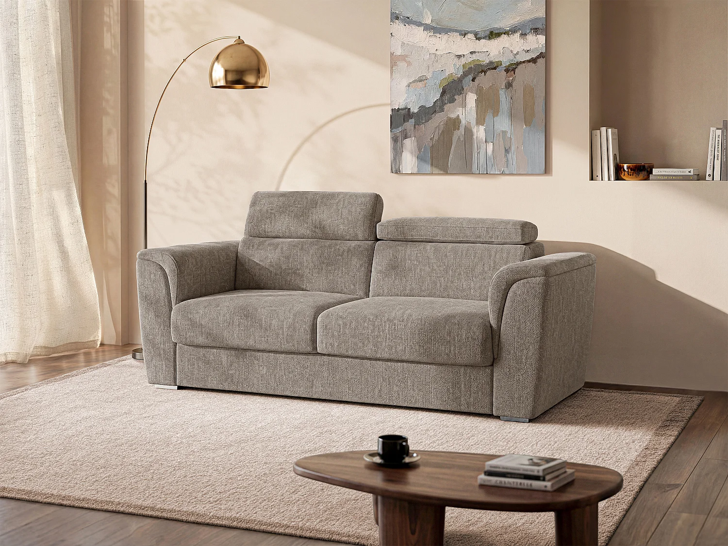 Schlafsofa mit Matratze 3-Sitzer - Strukturstoff - Taupe - Liegefläche mit breiten Latten 140 cm - Matratze 14 cm - RIZORA