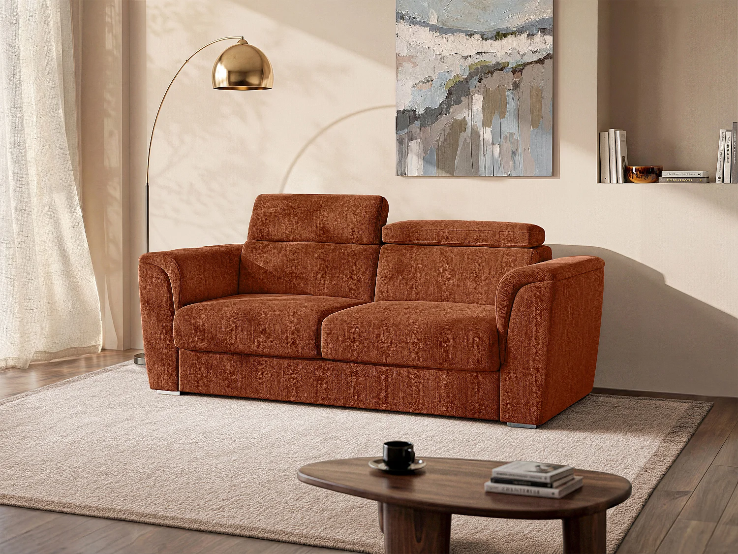Schlafsofa mit Matratze 3-Sitzer - Strukturstoff - Terrakotta - Liegefläche mit breiten Latten 140 cm - Matratze 18 cm - RIZORA