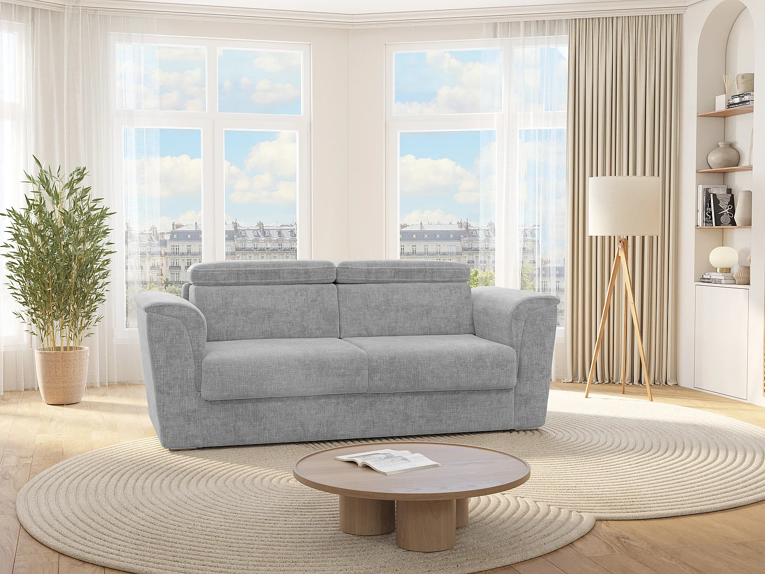 Canapé 3 places convertible express en tissu texturé gris clair - Couchage 140 cm - Matelas 14 cm - RIZORA