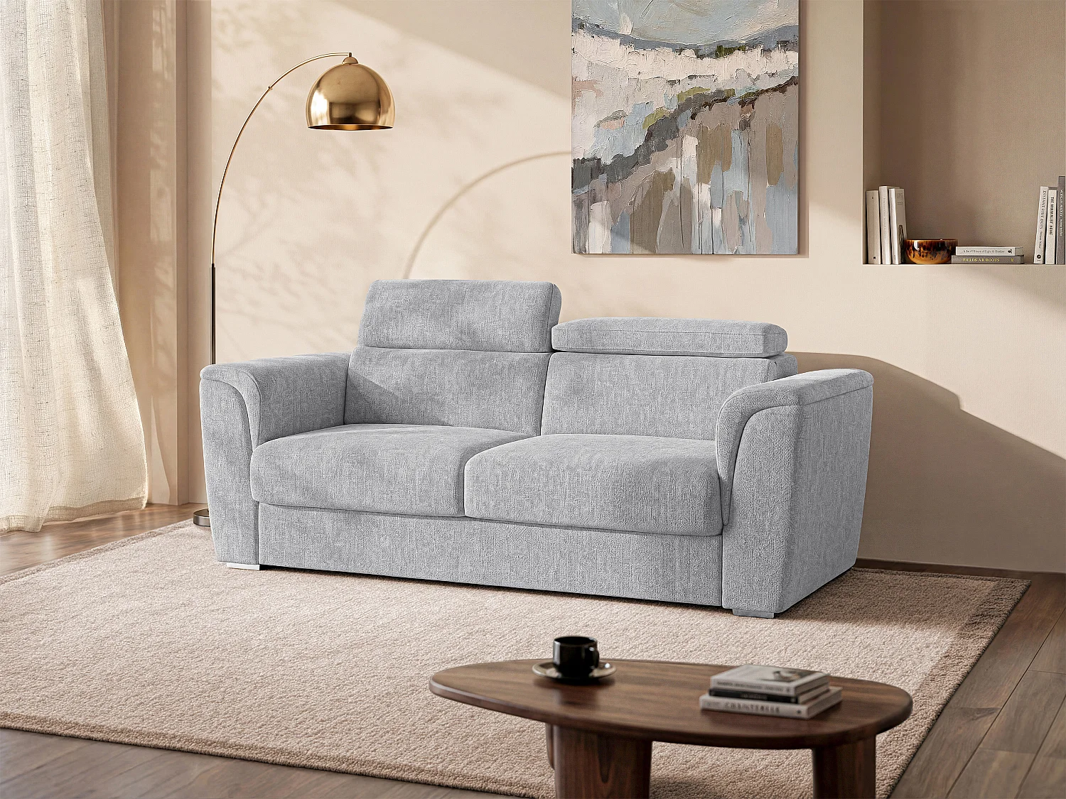 Schlafsofa mit Matratze 3-Sitzer - Strukturstoff - Hellgrau - Liegefläche mit breiten Latten 140 cm - Matratze 18 cm - RIZORA
