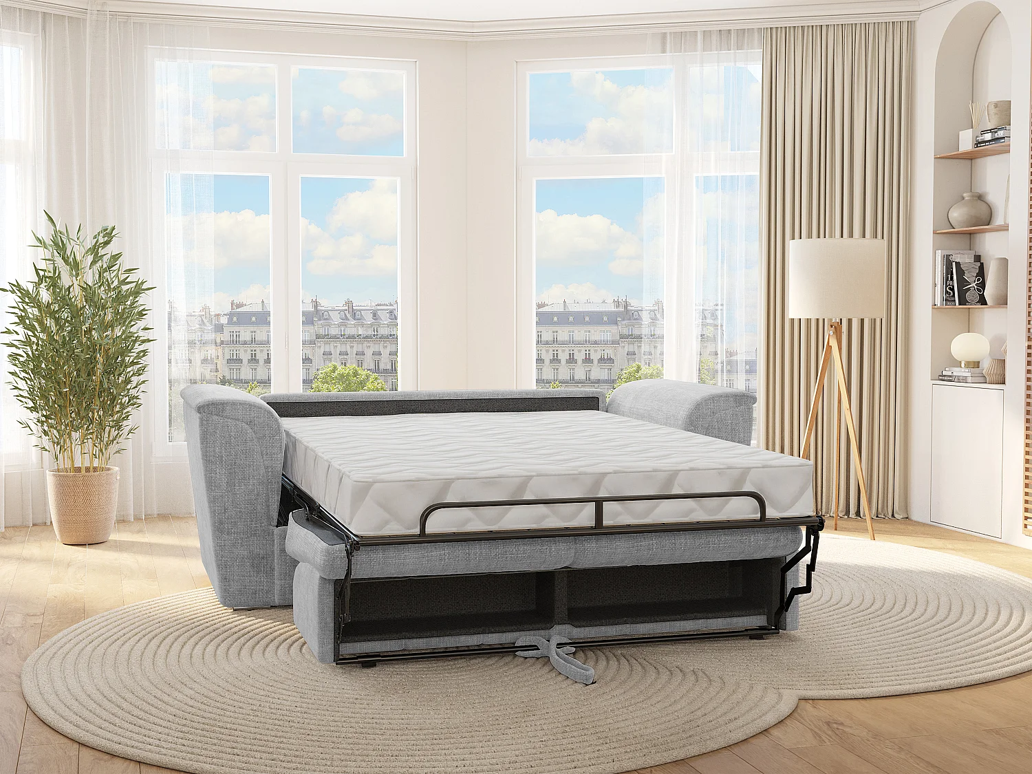 Canapé 3 places convertible express en tissu texturé gris clair - Couchage 140 cm - Matelas 22 cm avec mémoire de forme - RIZORA