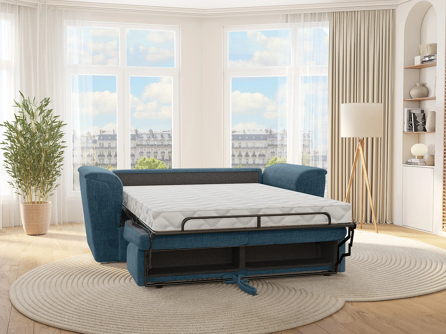 Canapé 3 places convertible express en tissu texturé bleu - Couchage 140 cm - Matelas 14 cm - RIZORA