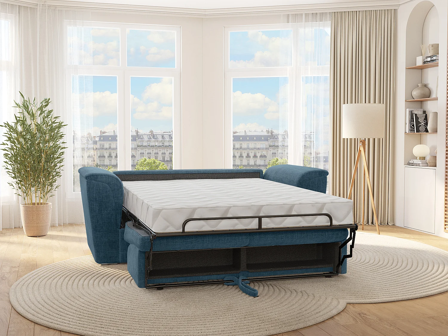 Canapé 3 places convertible express en tissu texturé bleu - Couchage 140 cm - Matelas 22 cm avec mémoire de forme - RIZORA
