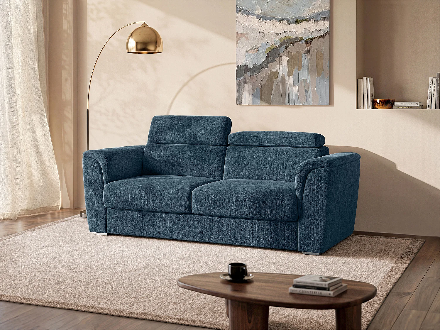 Schlafsofa mit Matratze 3-Sitzer - Strukturstoff - Blau - Liegefläche mit breiten Latten 140 cm - Matratze 22 cm mit Memory-Schaum - RIZORA