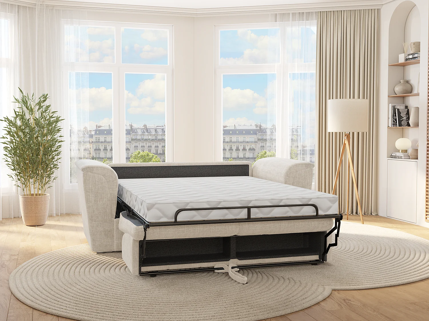 Canapé 4 places convertible express en tissu texturé beige - Couchage à lattes larges 160 cm - Matelas 14 cm - RIZORA