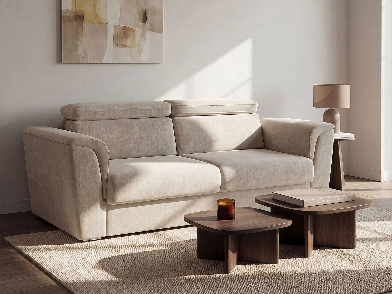Canapé 4 places convertible express en tissu texturé beige - Couchage à lattes larges 160 cm - Matelas 14 cm - RIZORA