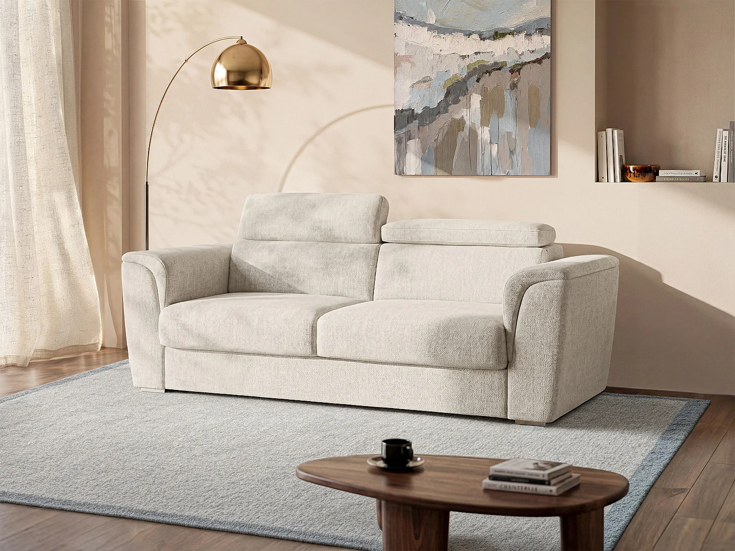 Schlafsofa mit Matratze 4-Sitzer - Strukturstoff - Beige - Liegefläche mit breiten Latten 160 cm - Matratze 22 cm mit Memory-Schaum - RIZORA