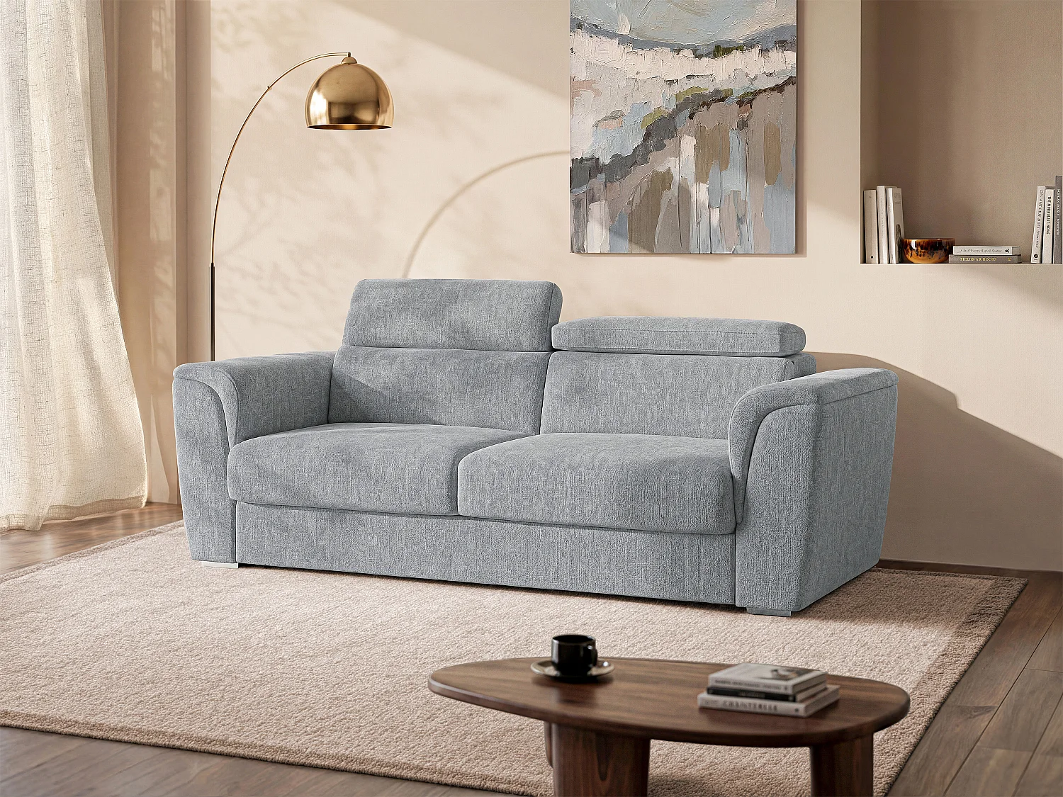 Schlafsofa mit Matratze 4-Sitzer - Strukturstoff - Grau - Liegefläche mit breiten Latten 160 cm - Matratze 18 cm - RIZORA