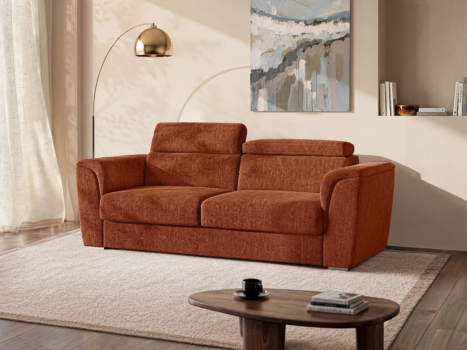 Schlafsofa mit Matratze 4-Sitzer - Strukturstoff - Terrakotta - Liegefläche 160 cm - Matratze 14 cm - RIZORA