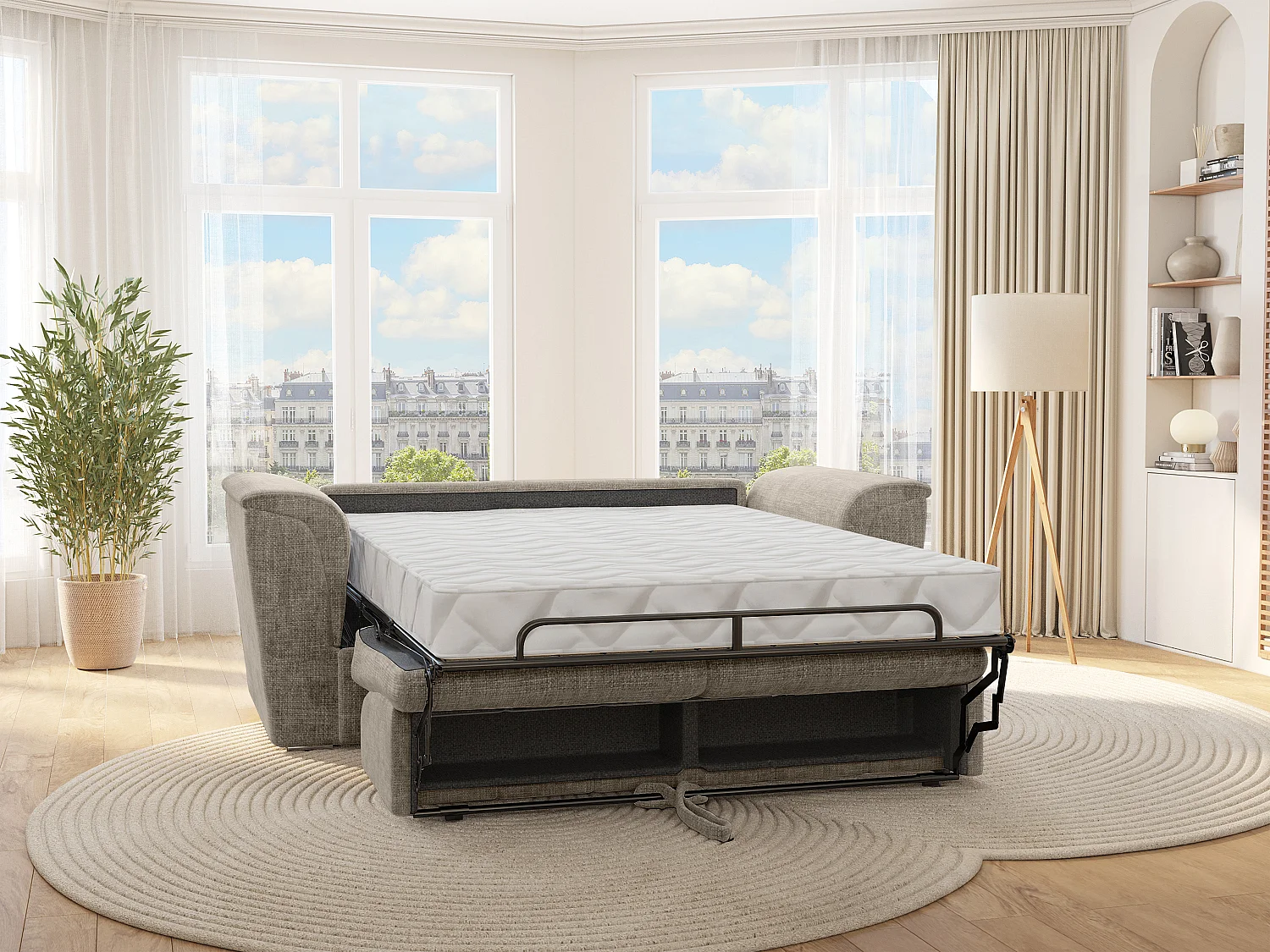 Canapé 4 places convertible express en tissu texturé taupe - Couchage à lattes larges 160 cm - Matelas 22 cm avec mémoire de forme - RIZORA