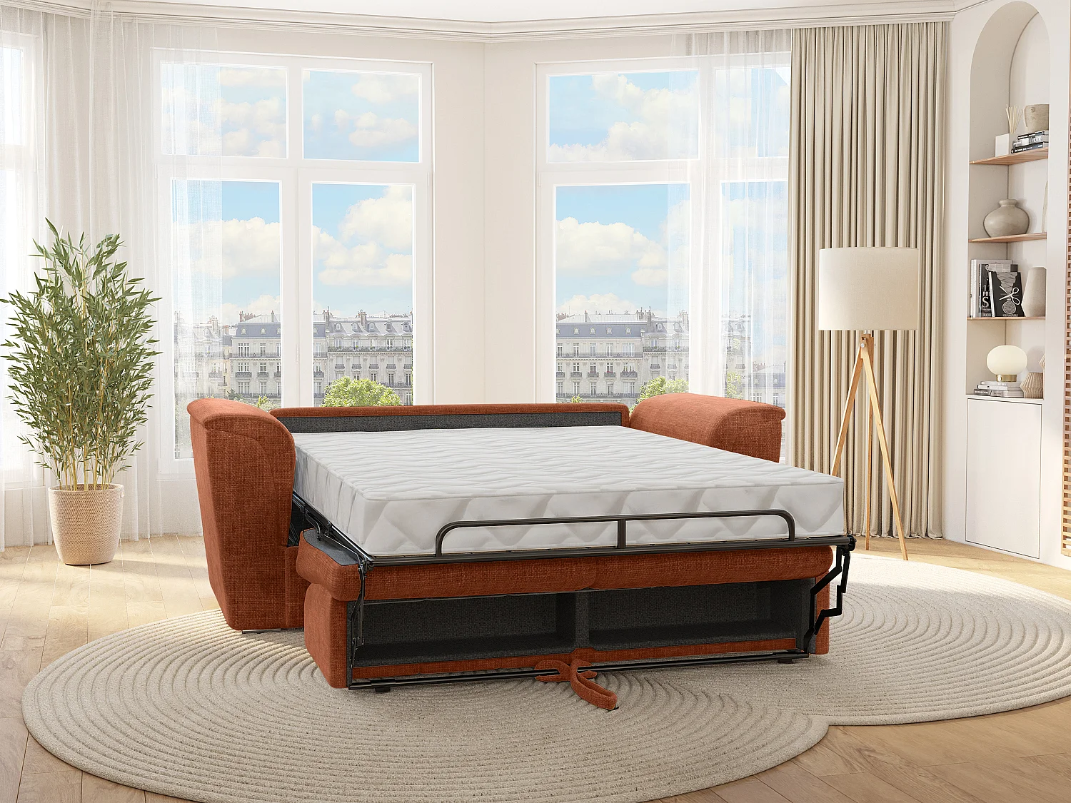 Canapé 4 places convertible express en tissu texturé terracotta - Couchage à lattes larges 160 cm - Matelas 22 cm avec mémoire de forme - RIZORA