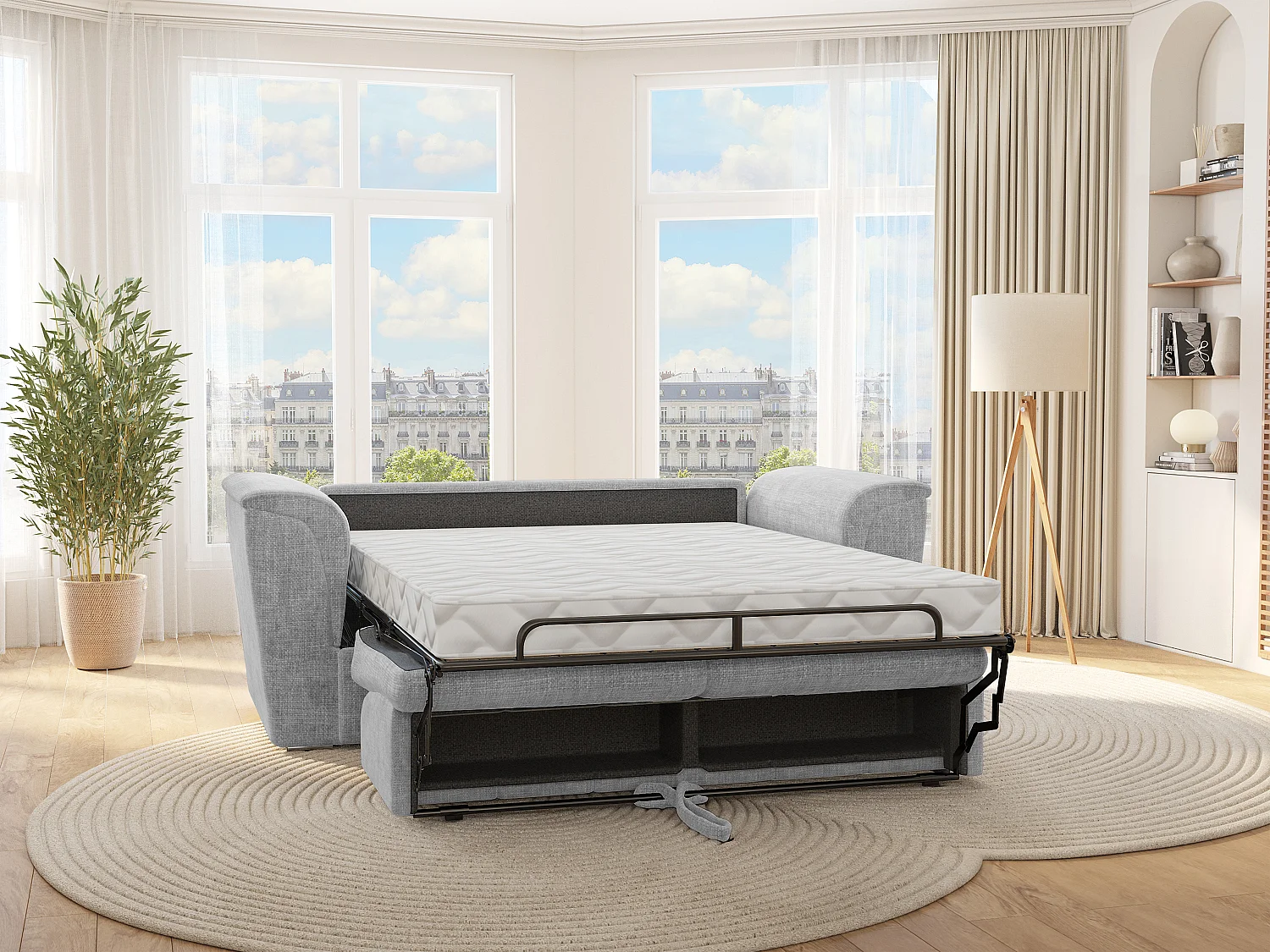 Canapé 4 places convertible express en tissu texturé gris clair - Couchage à lattes larges 160 cm - Matelas 18 cm - RIZORA