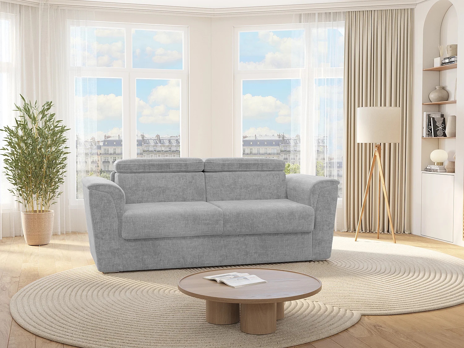 Canapé 4 places convertible express en tissu texturé gris clair - Couchage 160 cm - Matelas 22 cm avec mémoire de forme - RIZORA