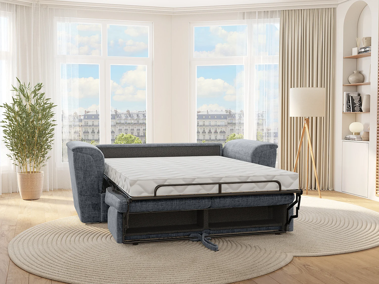 Canapé 4 places convertible express en tissu texturé gris anthracite - Couchage à lattes larges 160 cm - Matelas 14 cm - RIZORA