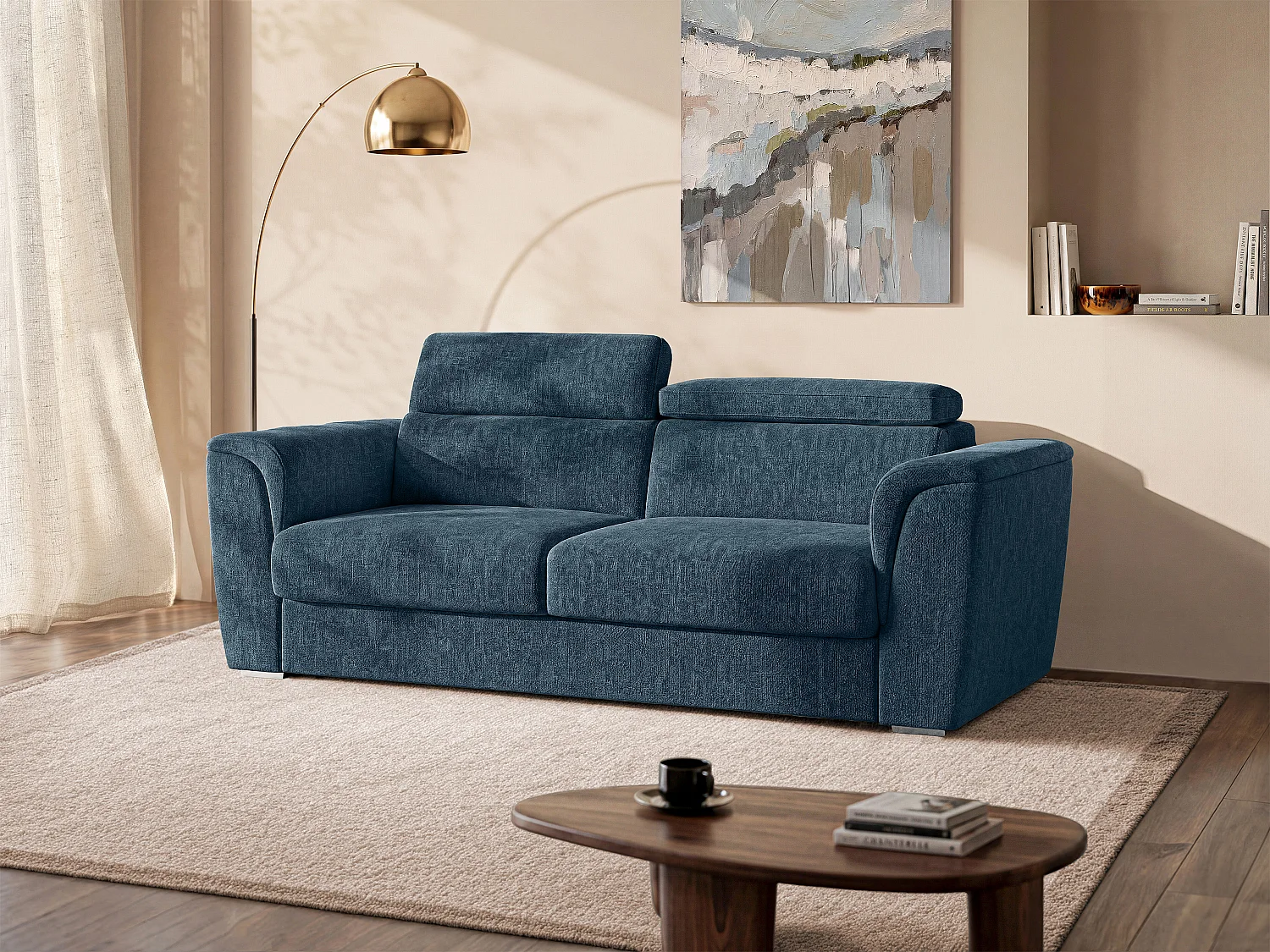 Schlafsofa mit Matratze 4-Sitzer - Strukturstoff - Blau - Liegefläche 160 cm - Matratze 18 cm - RIZORA